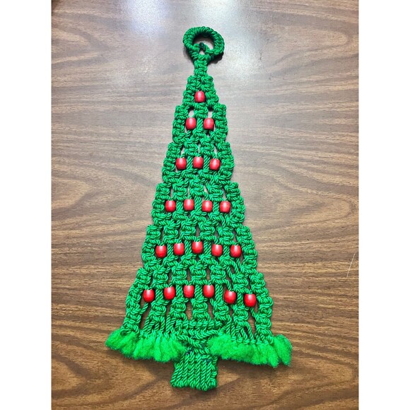 Handmade Other - Macrame Handmade Christmas Tree Wall Hanging Large Green Red Wood Beads
